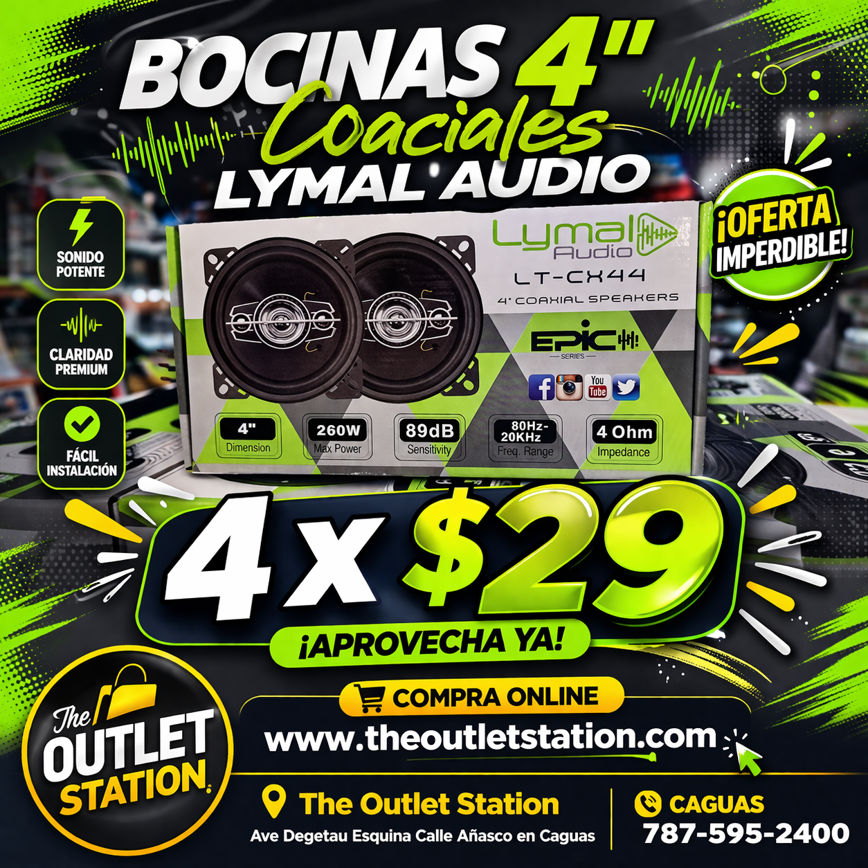 🔊🔥 Combo 4 Bocinas Lymal Audio 4” Coaxiales 4 x $29 💥