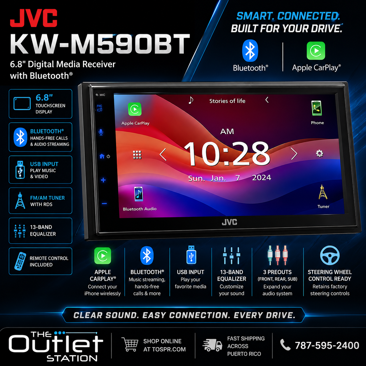 JVC KW-M590BT – 6.8” Double DIN Bluetooth Apple CarPlay®