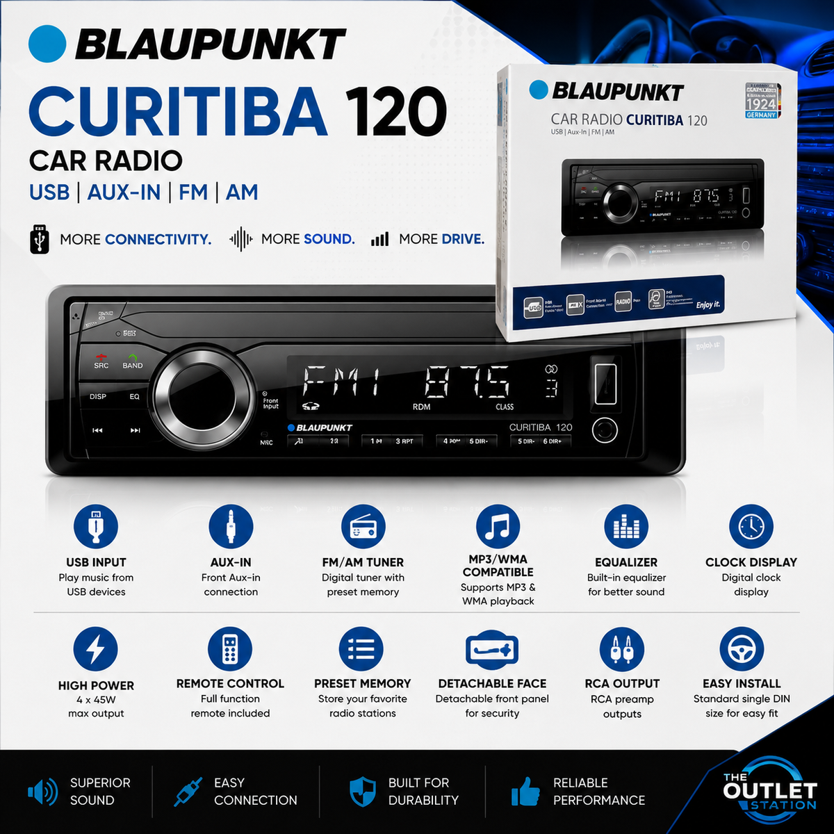 Blaupunkt CURITIBA120 – 1-DIN AM/FM Radio • Bluetooth • USB • AUX