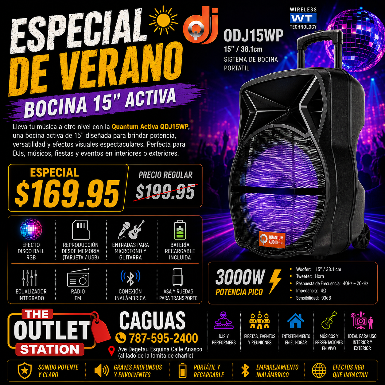 Bocina 📢 Quantum Activa QDJ15WP – 15" Party Subwoofer