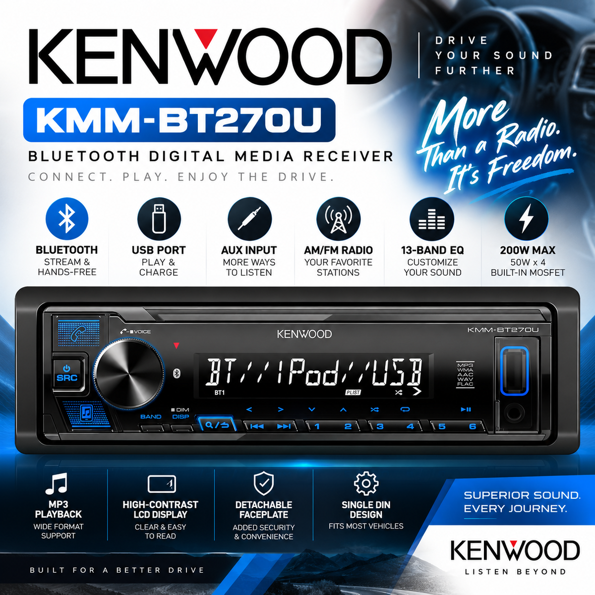 KENWOOD KMM-BT270U Single DIN Bluetooth Digital Media Receiver