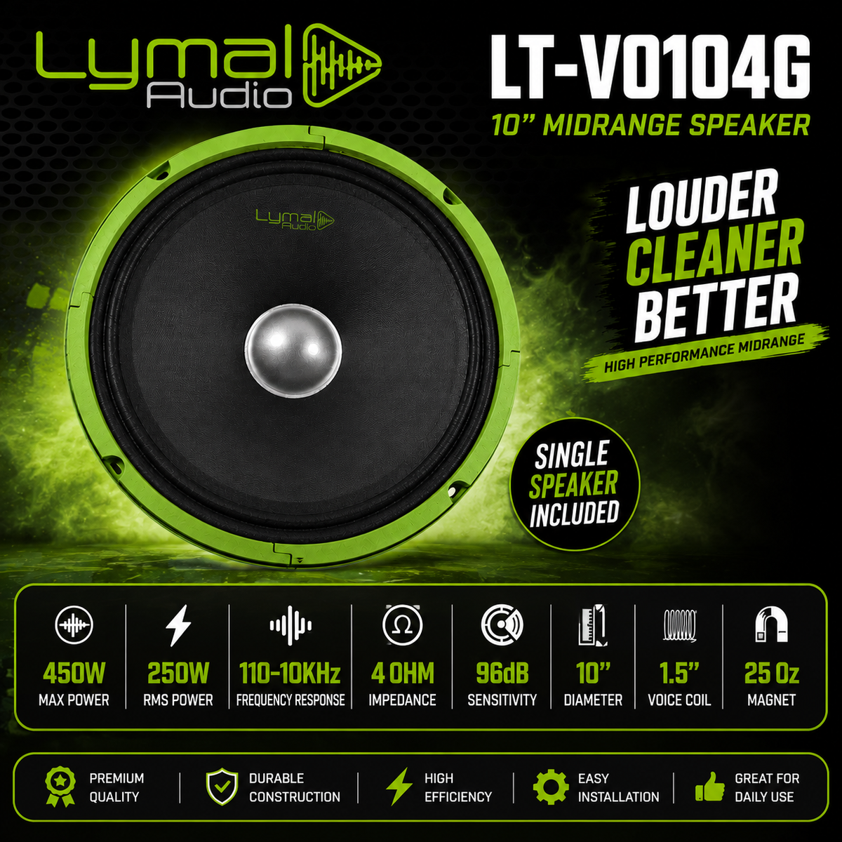 Lymal Audio LT-VO104G 10" Midrange Speaker – 450W Max