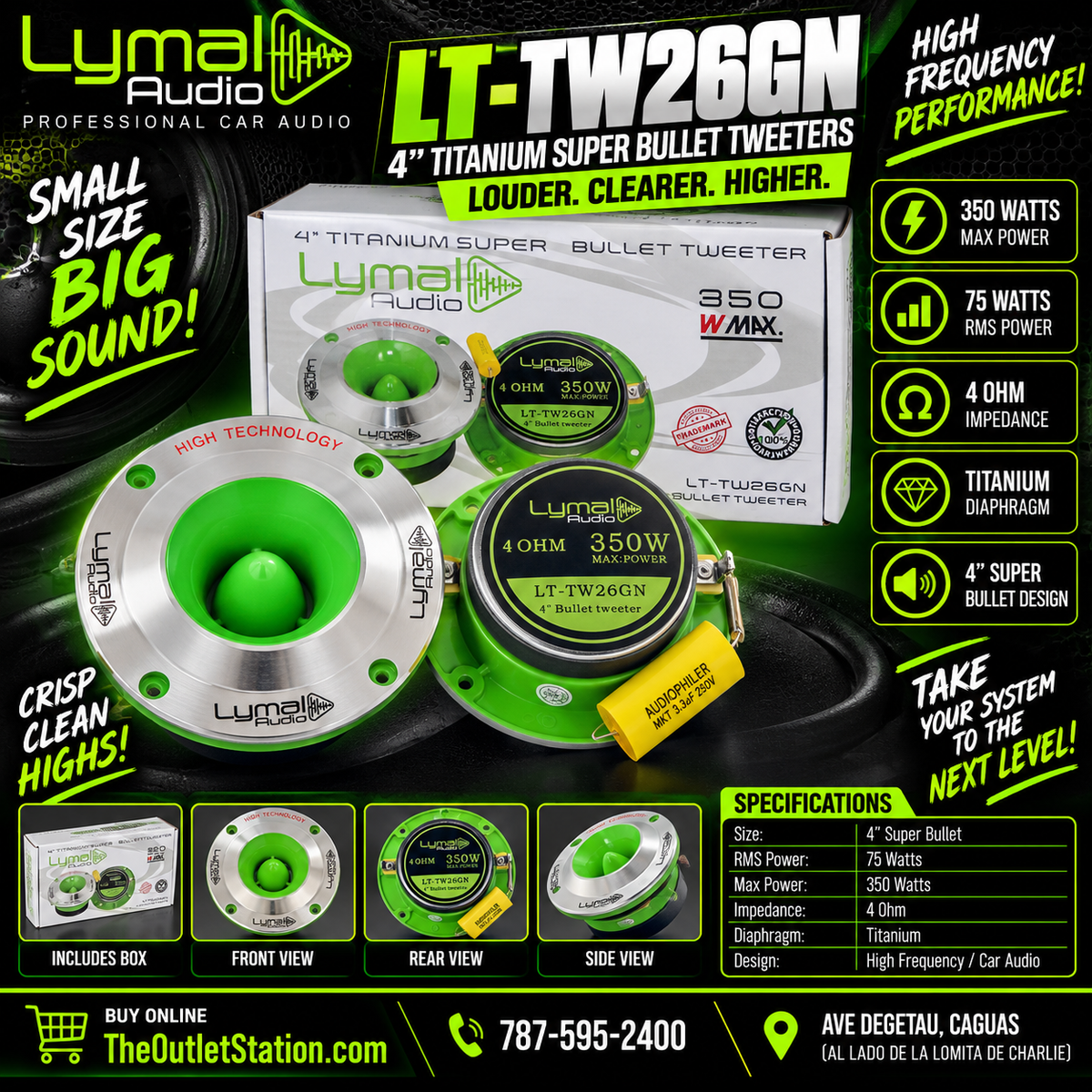 Lymal Audio LT-TW26GN 4" Titanium Super Bullet Tweeters (Green)