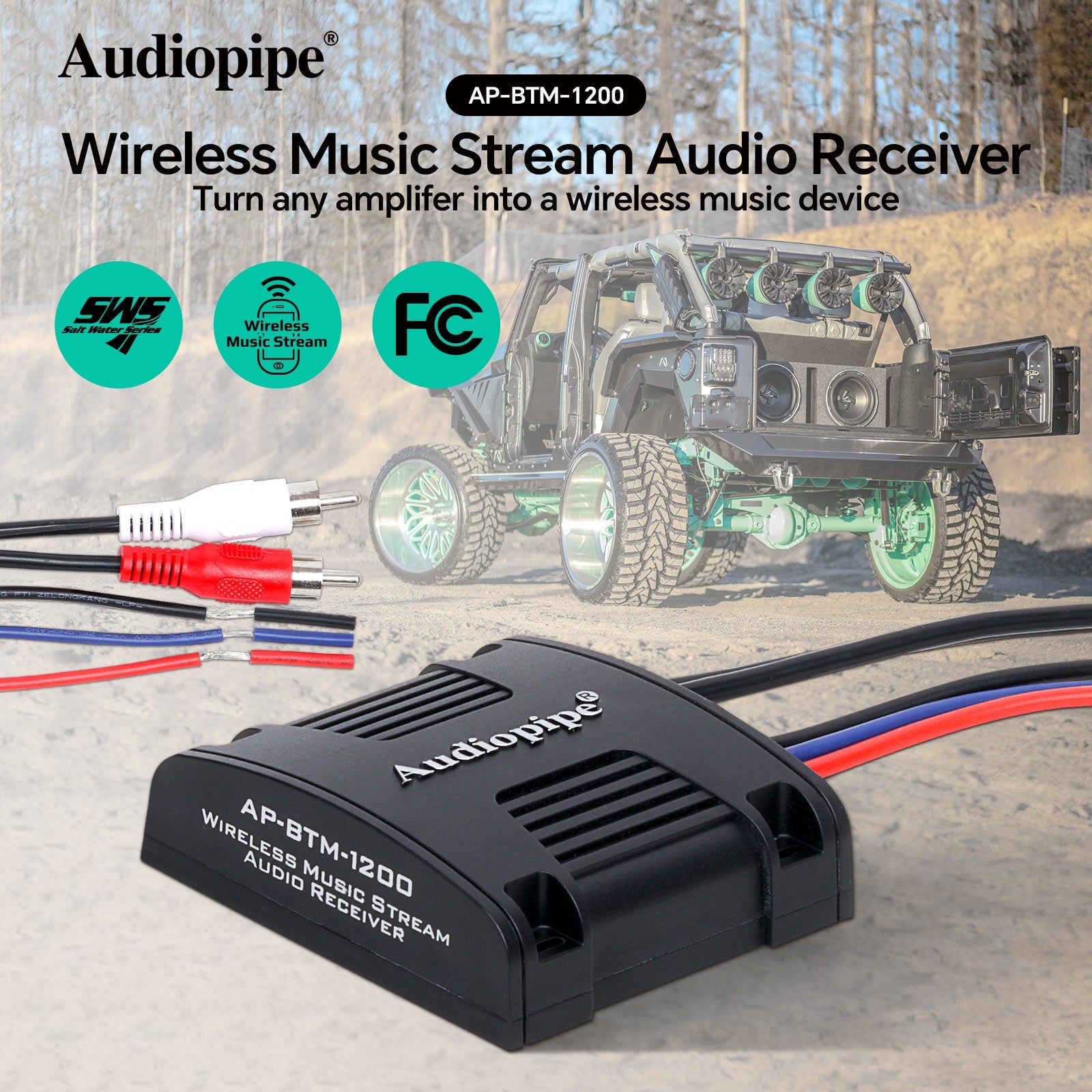 Audiopipe AP-BTM-1200 Marine Bluetooth 5.0 Audio Receiver with RCA outputs