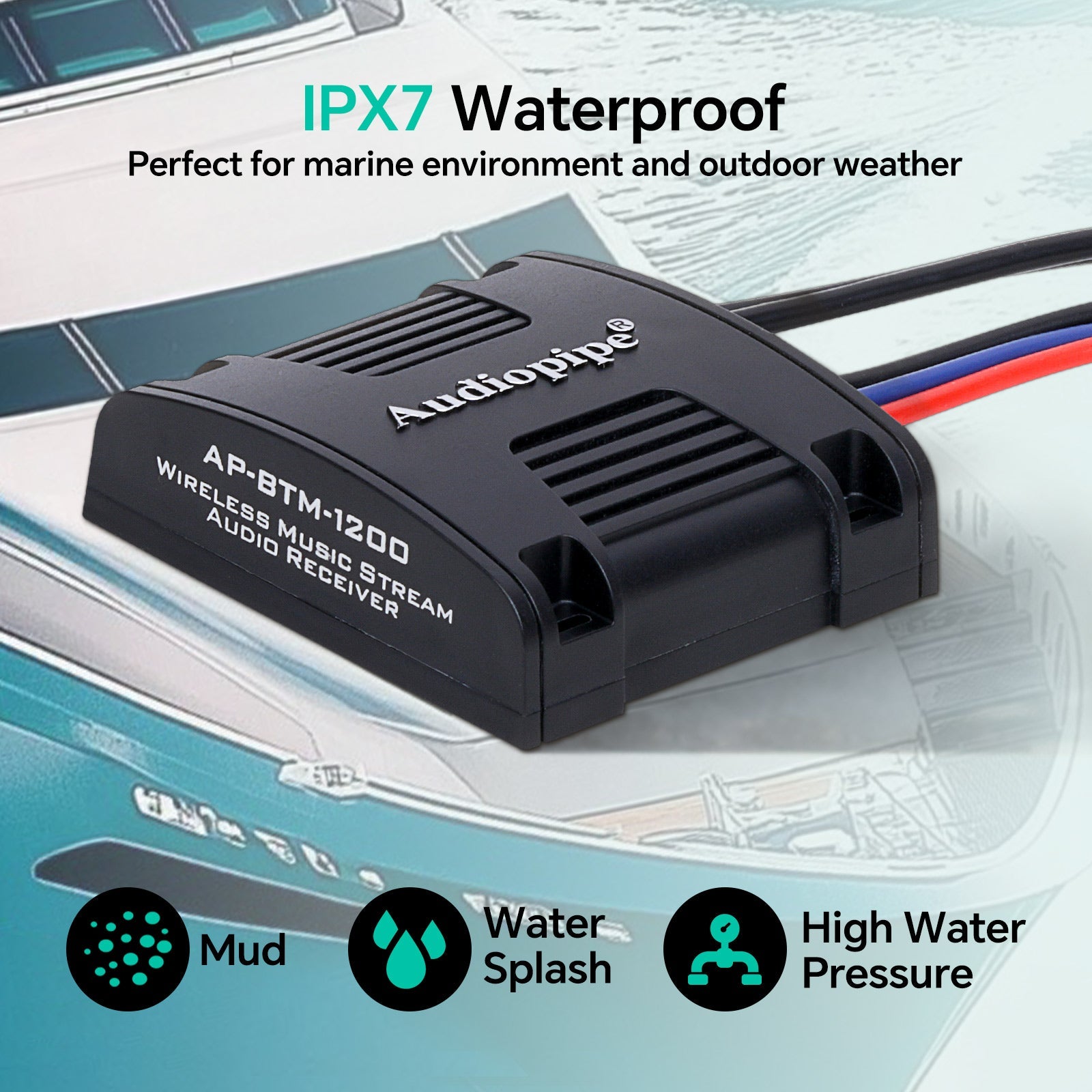 Audiopipe AP-BTM-1200 Marine Bluetooth 5.0 Audio Receiver with RCA outputs