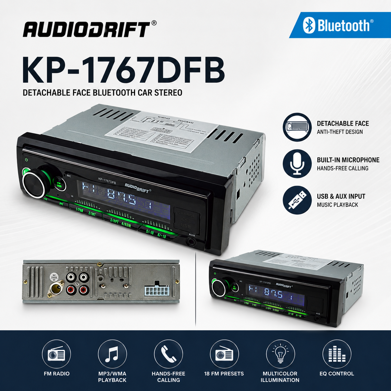 Audiodrift KP-1767DFB – Detachable Face Bluetooth Car Stereo