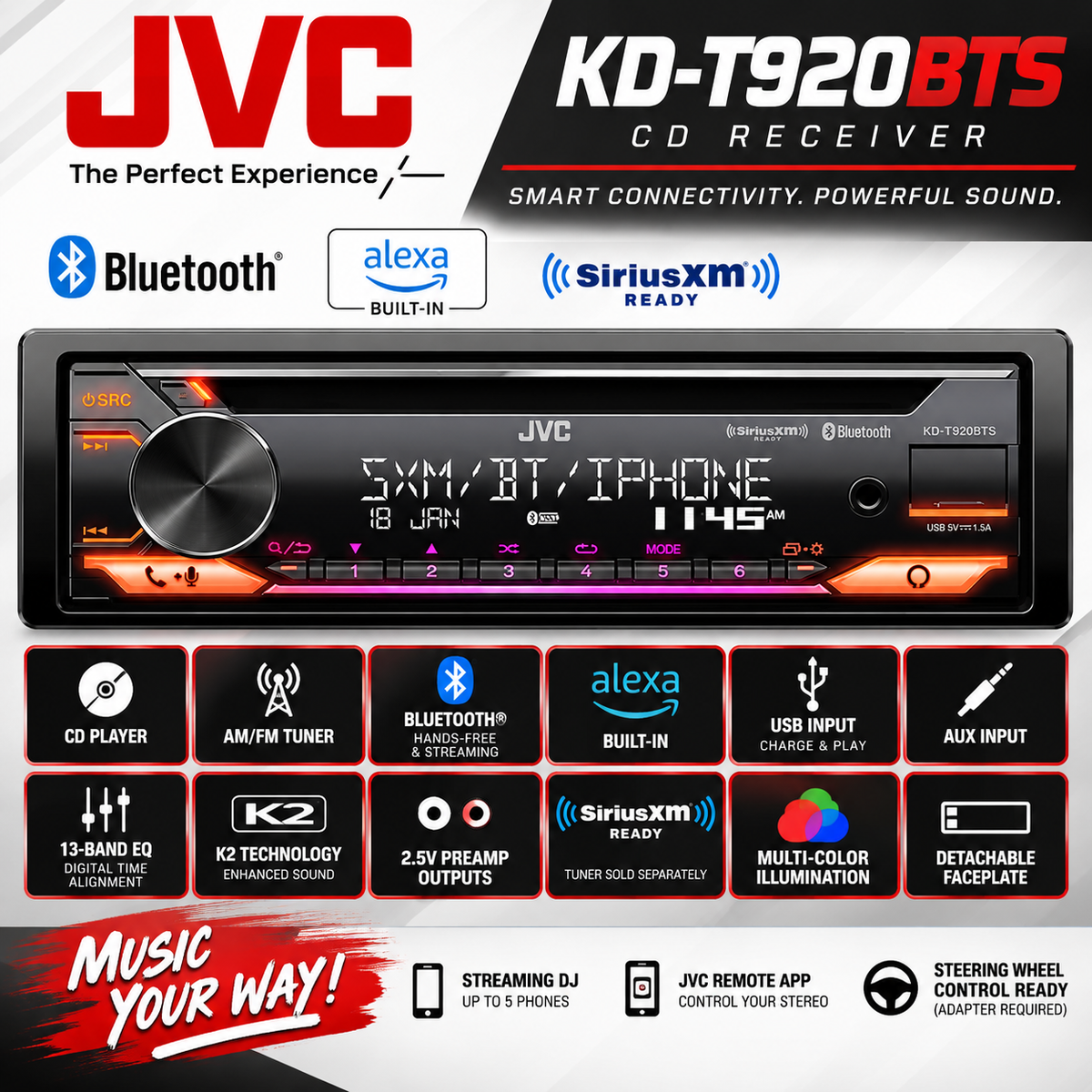 JVC KD-T920BTS CD Receiver Bluetooth Alexa 13-Band EQ