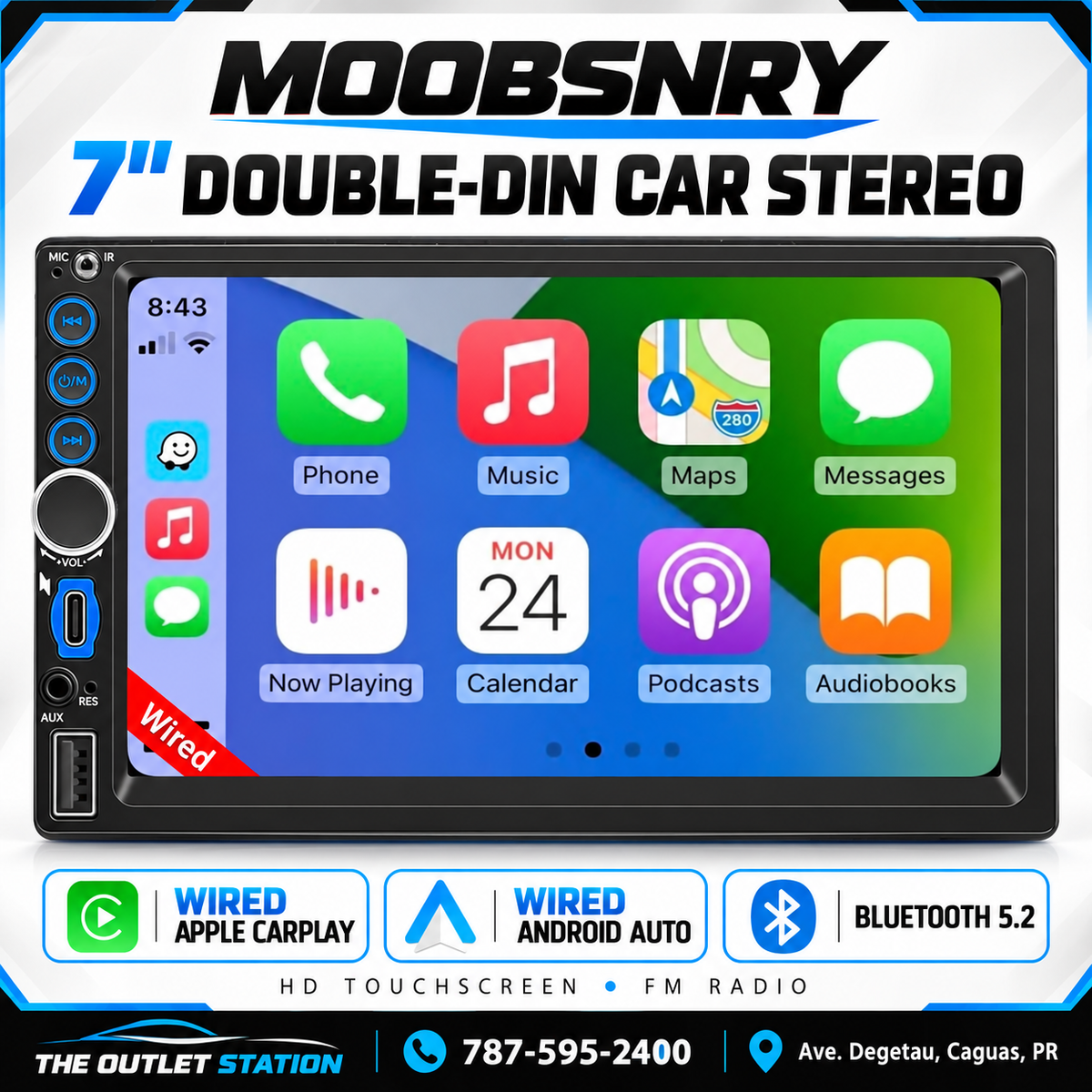 Moobsnry 7" Double-DIN Car Stereo Apple CarPlay Android Auto BT