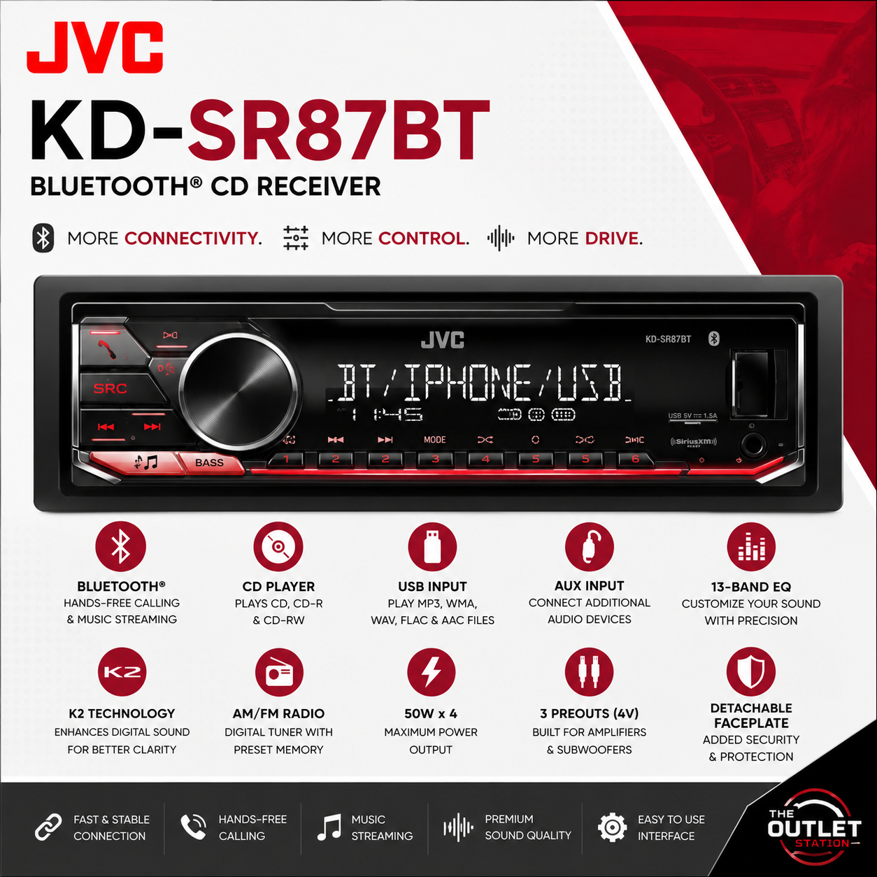 JVC KD-SR87BT Bluetooth CD Receiver | 4v Single DIN Car Stereo