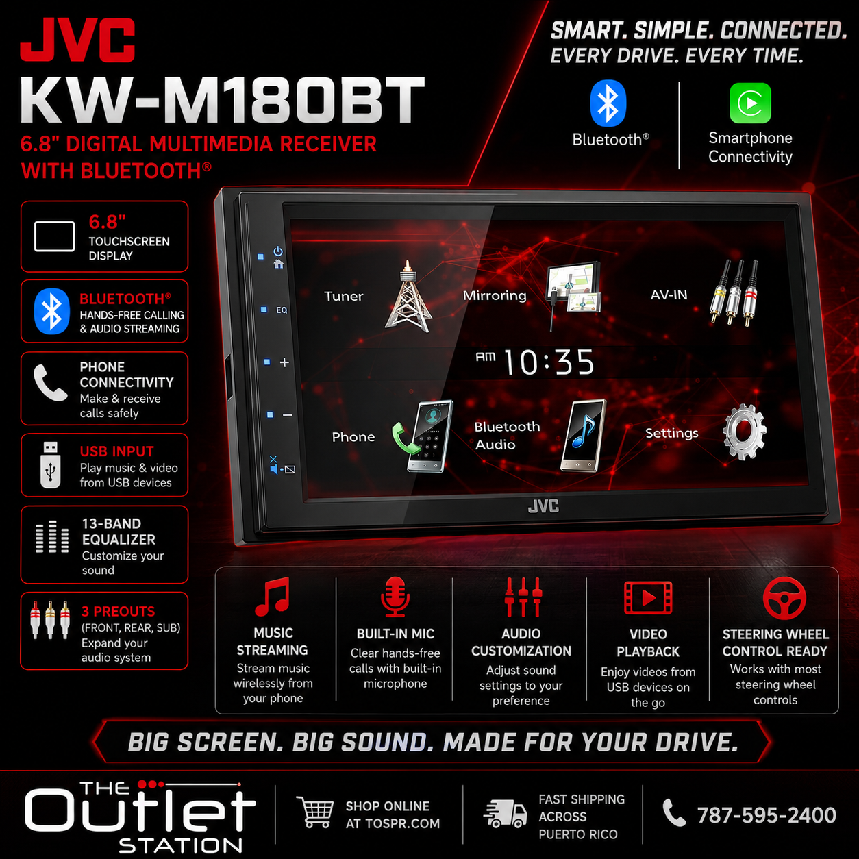 JVC KW-M180BT – 6.75" Digital Media Receiver Mirror Link & BT