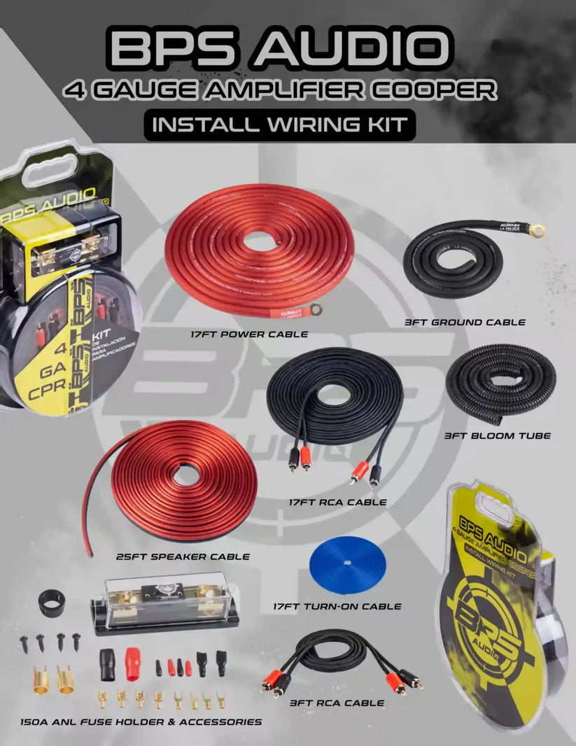 BPS AUDIO BPS-4GACPR – 4 Gauge Amplifier Install Kit (100% OFC Copper)