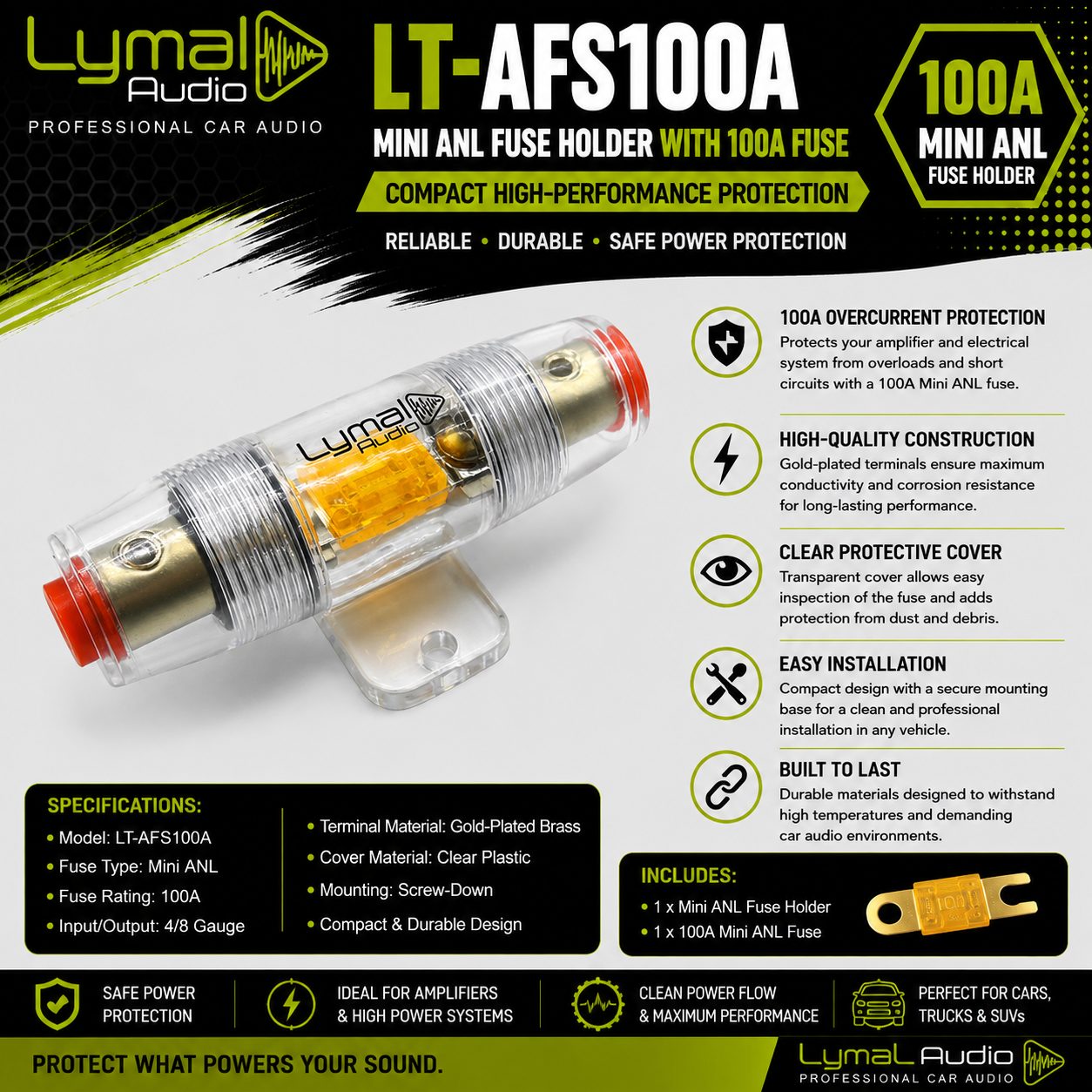 Lymal Audio LT-AFS100A Mini ANL fuse holder with 100A fuse