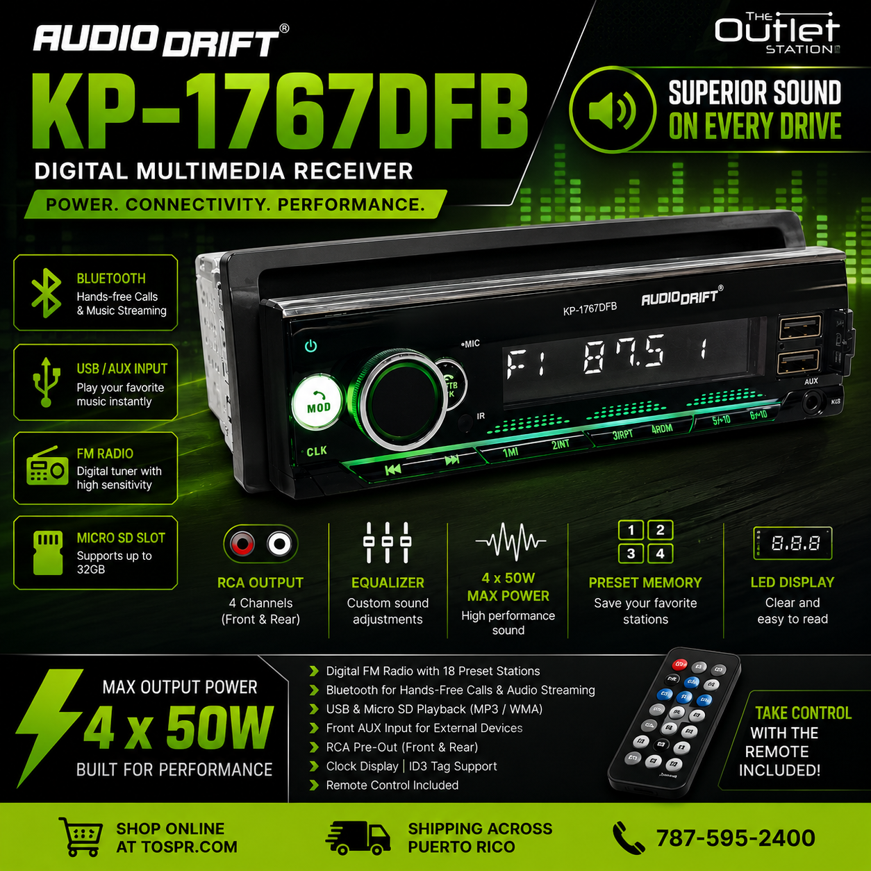 Audiodrift KP-1767DFB – Detachable Face Bluetooth Car Stereo