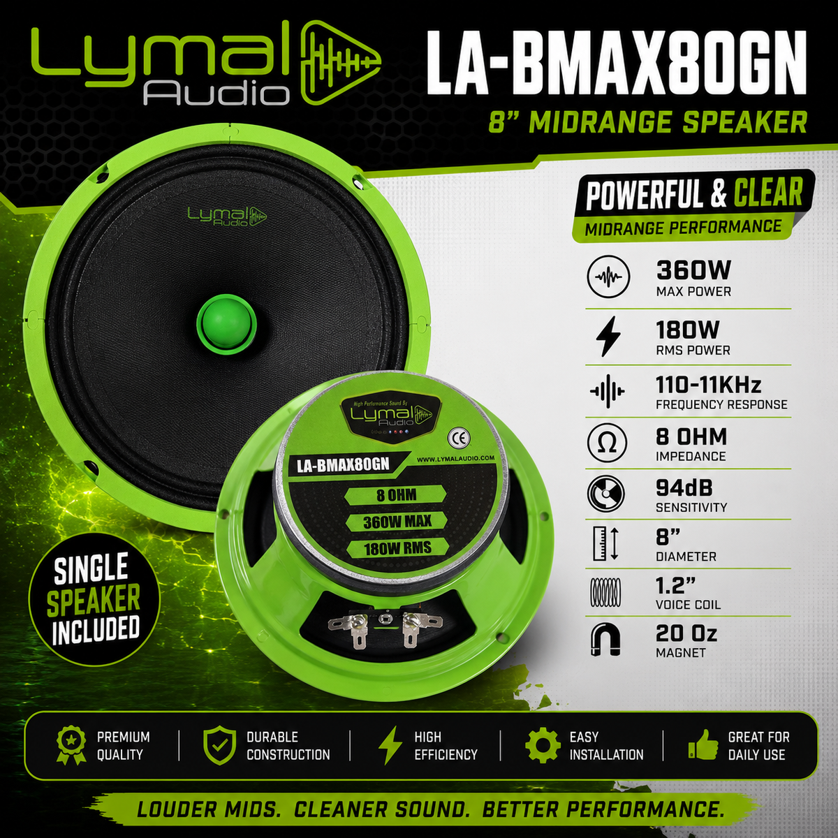 Lymal Audio LA-BMAX80GN 8" Bullet Midrange Speaker - 360W Max