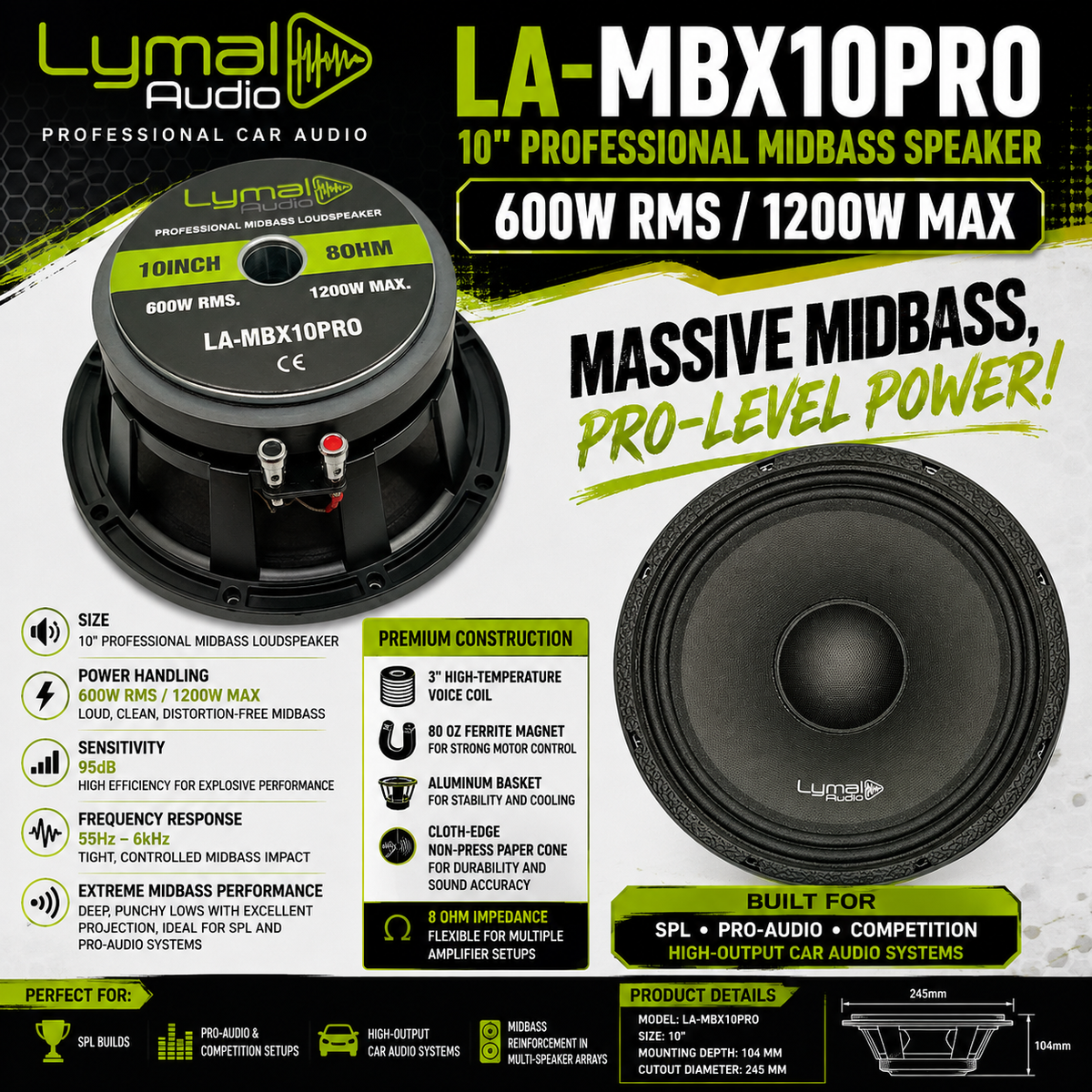 Lymal Audio LA-MBX10PRO 10" Professional Midbass Speaker