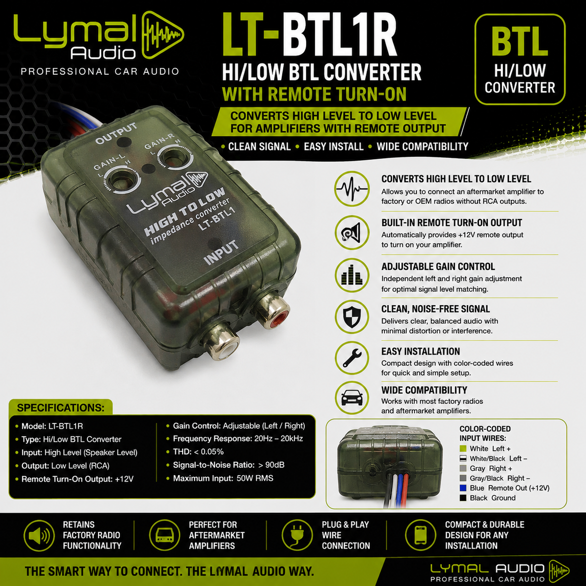 Lymal Audio LT-BTL1R Hi/Low BTL Converter with remote turn-on