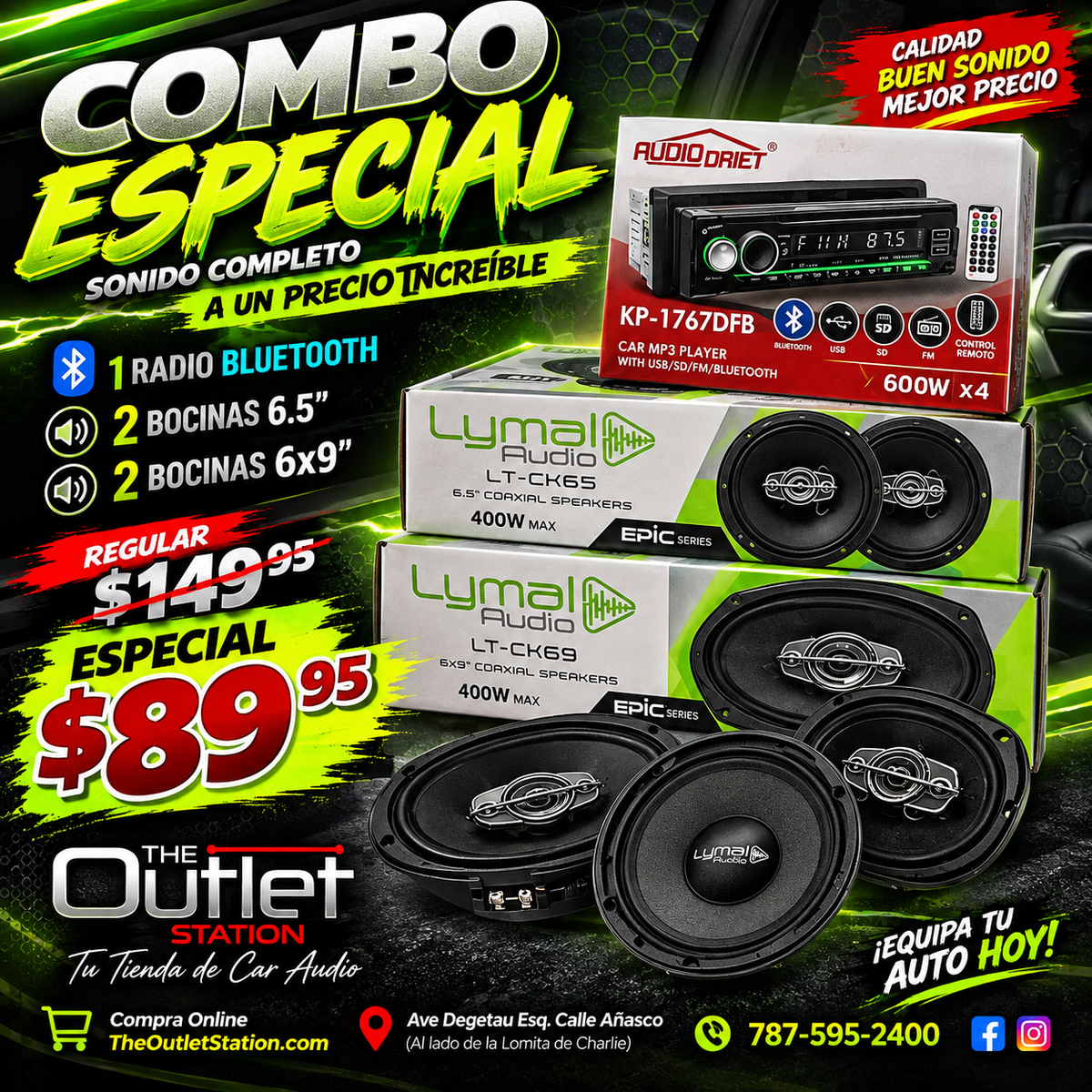 🔊📻 Combo Radio Bluetooth + 4 Bocinas Lymal Audio (6.5” + 6x9”)