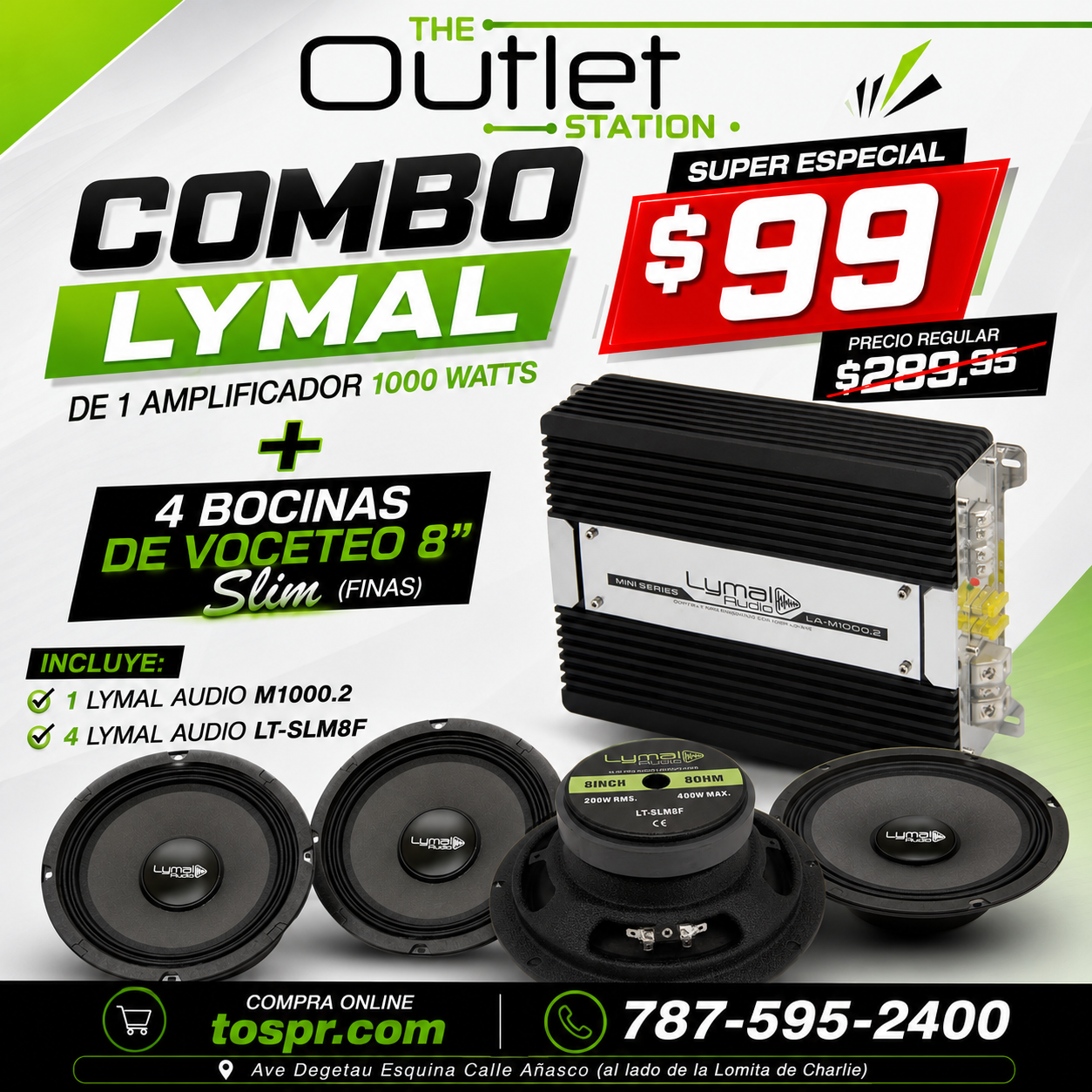 🔊 Combo Lymal Audio 1000W + 4 Bocinas Slim 8" LT-SLM8F