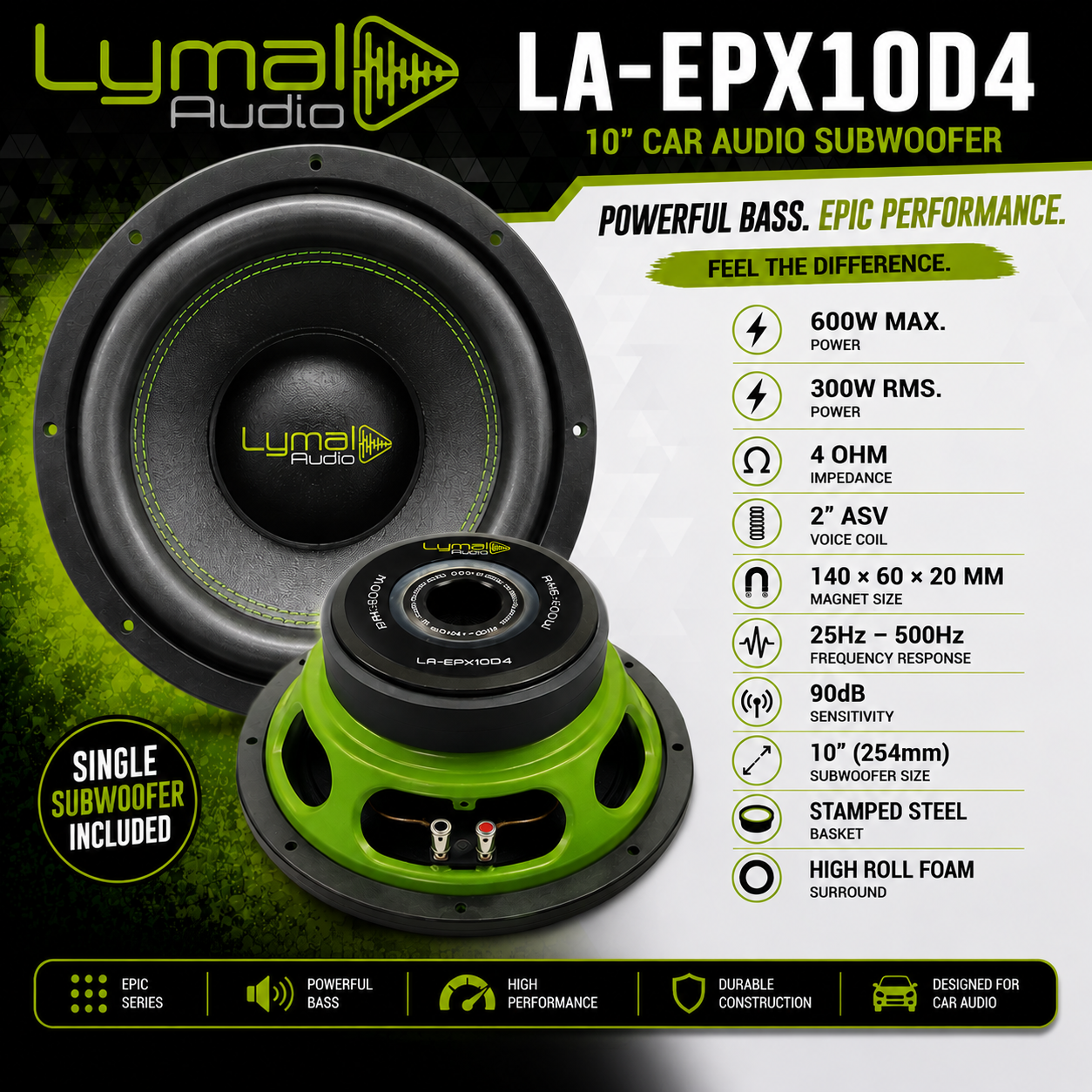 Lymal Audio LA-EPX10D4 10" DVC Car Subwoofer - 600 Watts Max
