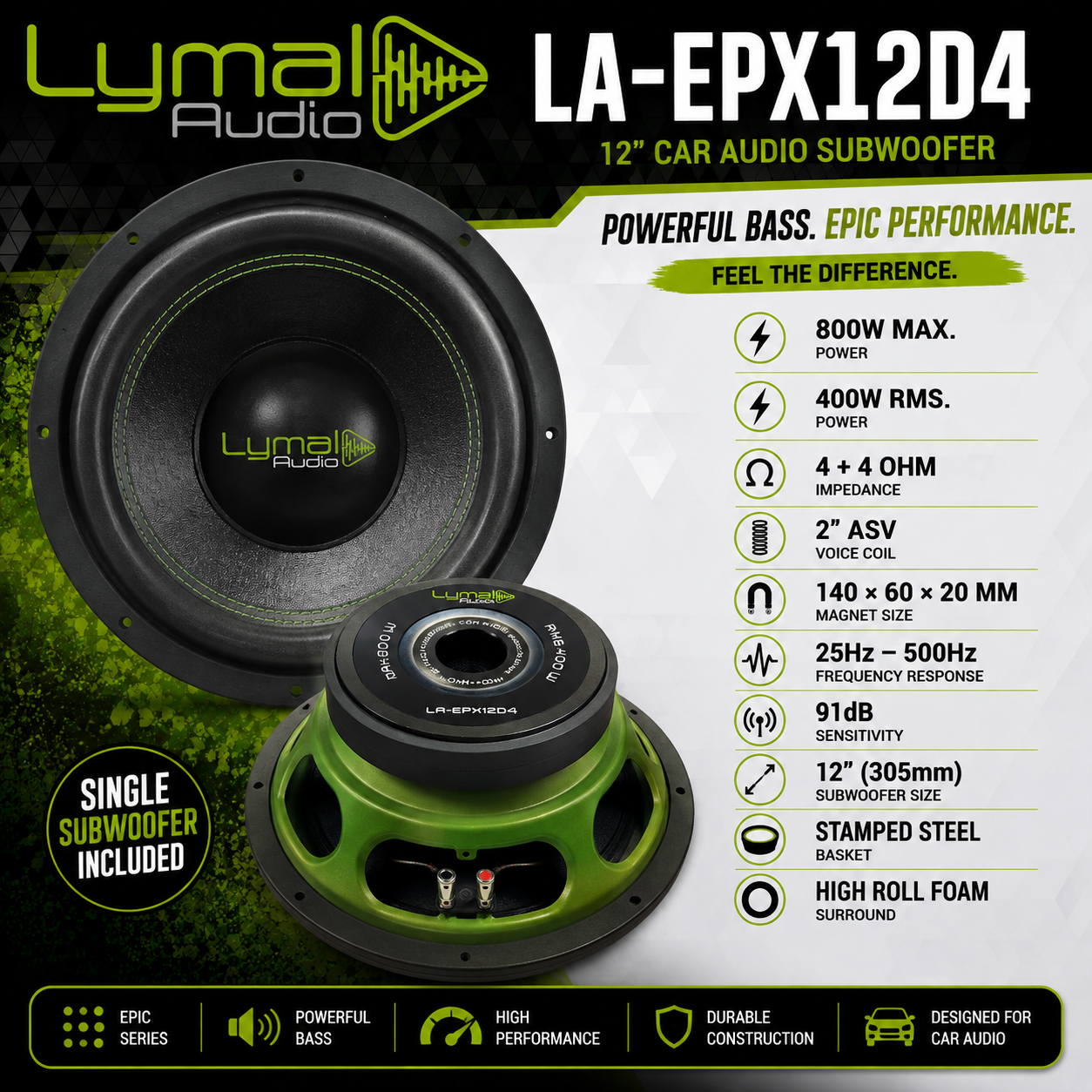 Lymal Audio LA-EPX12D4 12" DVC Car Subwoofer - 800W Max