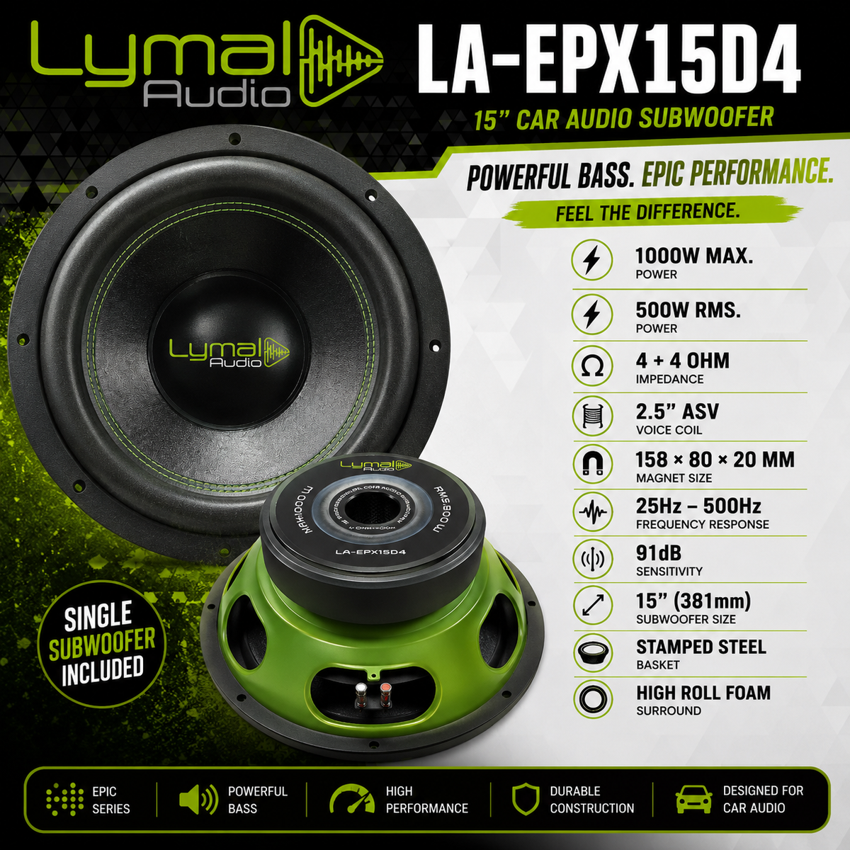 Lymal Audio LA-EPX15D4 15" DVC Car Subwoofer - 1000W Max