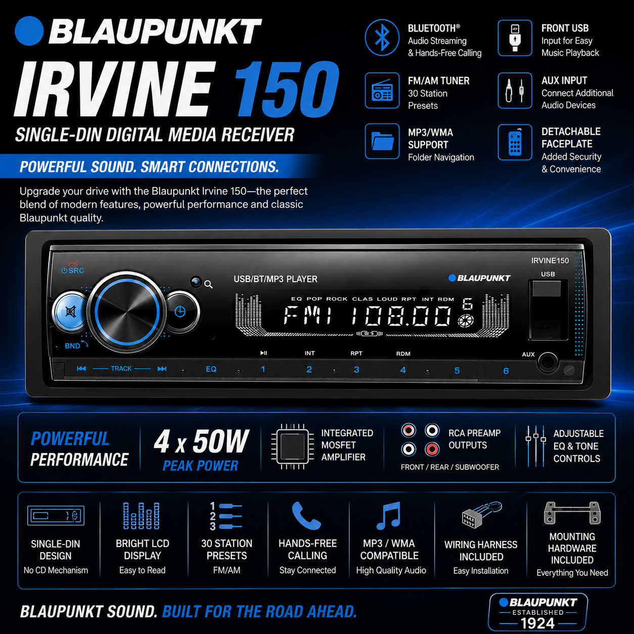Blaupunkt IRVINE 150 Single-DIN Bluetooth Car Stereo