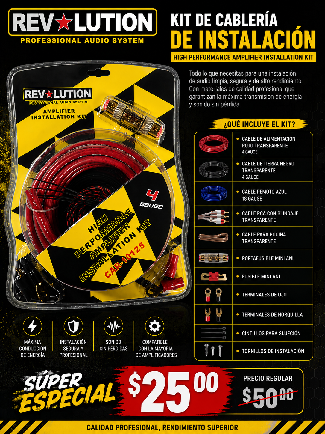 Revolution CAR-10125 4 Gauge High Performance Amplifier Installation Kit