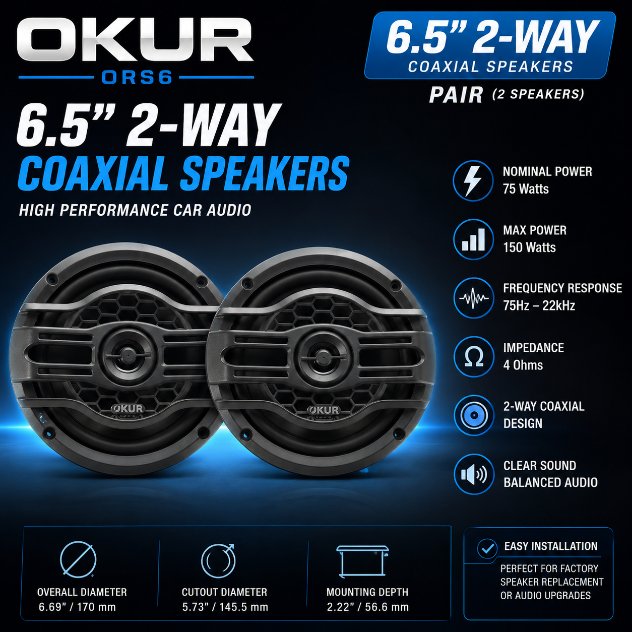 OKUR ORS6 6.5" 2-Way Coaxial Speakers – Pair