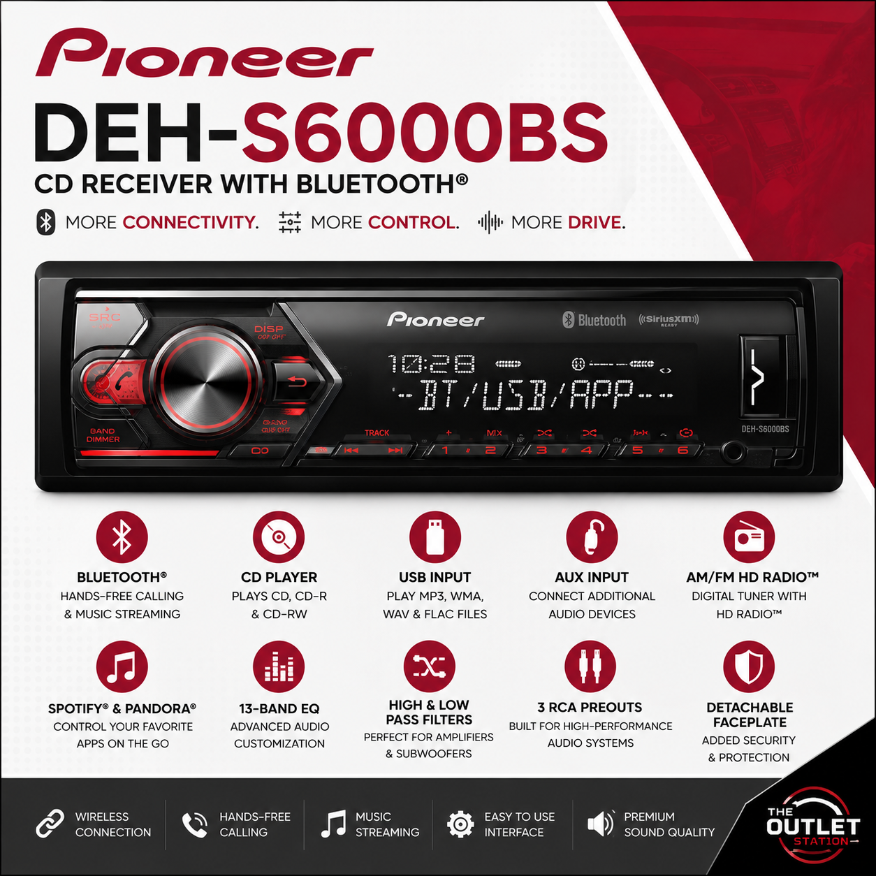 Pioneer DEH-S6000BS Bluetooth CD Receiver | Single DIN Car Stereo