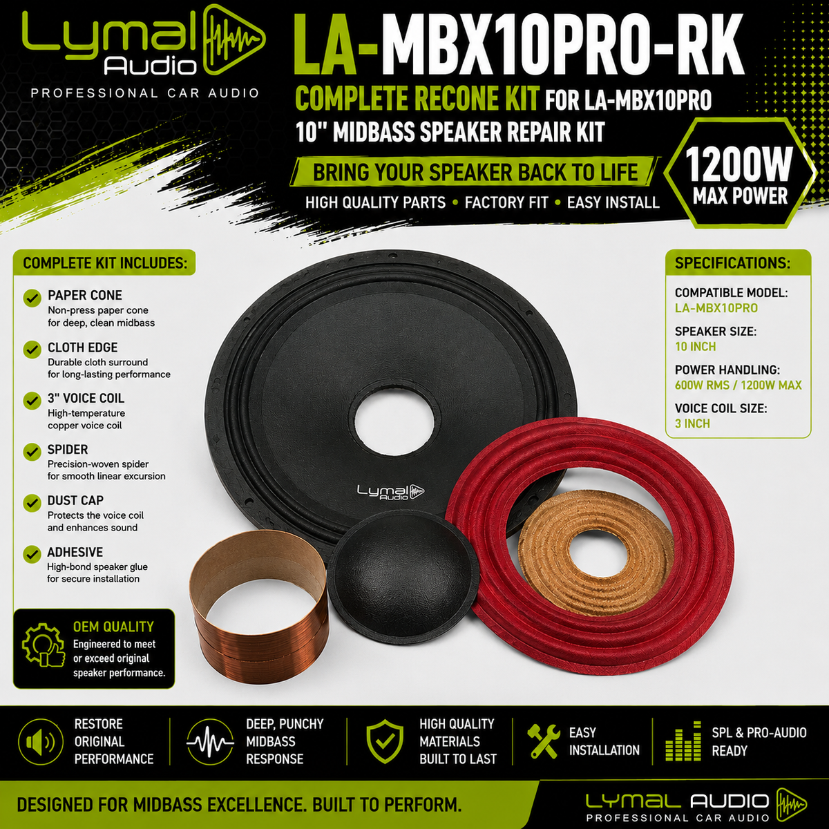 Lymal Audio LA-MBX10PRO-RK recone kit for 10" midbass speakers