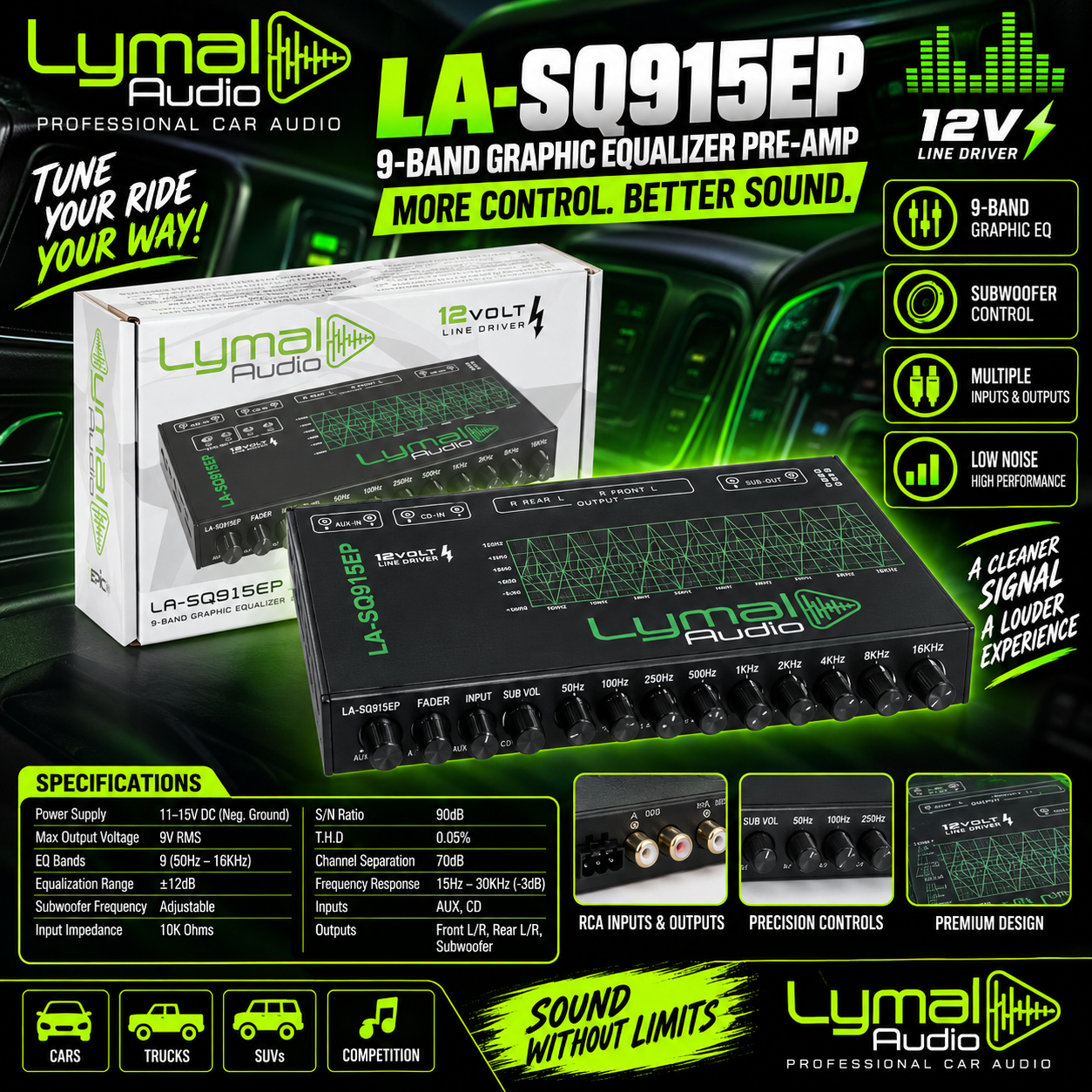 Lymal Audio LA-SQ915EP | 9-Band Car EQ Pre-Amp – 12V Graphic Equalizer