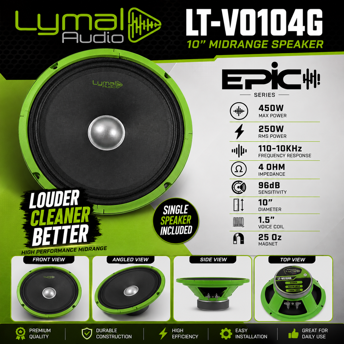 Lymal Audio LT-VO104G 10" Midrange Speaker – 450W Max